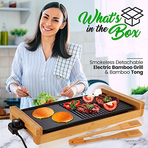 NutriChef Non-stick Plate, Removable Grill & Griddle Plate, Smokeless Electric Bamboo Grill, BBQ Grill with Temperature Control, Durable Quality, Ideal for Indoor BBQ