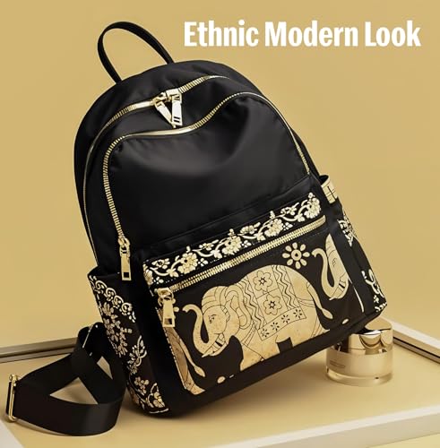 Image of AutoStory Women's Stylish Backpack | Golden Elephant Print Travel, College & Office Bag | Spacious Shoulder Backpack Purse with Anti-Theft Back Pocket & Zipper Compartments