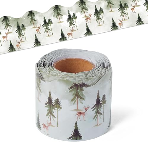 BeYumi Green Forest Border Trim - 65ft Back to School Sage Green Watercolor Forest Wonderland Rolled Border Trim Tree Deer Bulletin Board Borders Party School Classroom Office Home Chalkboard Decor
