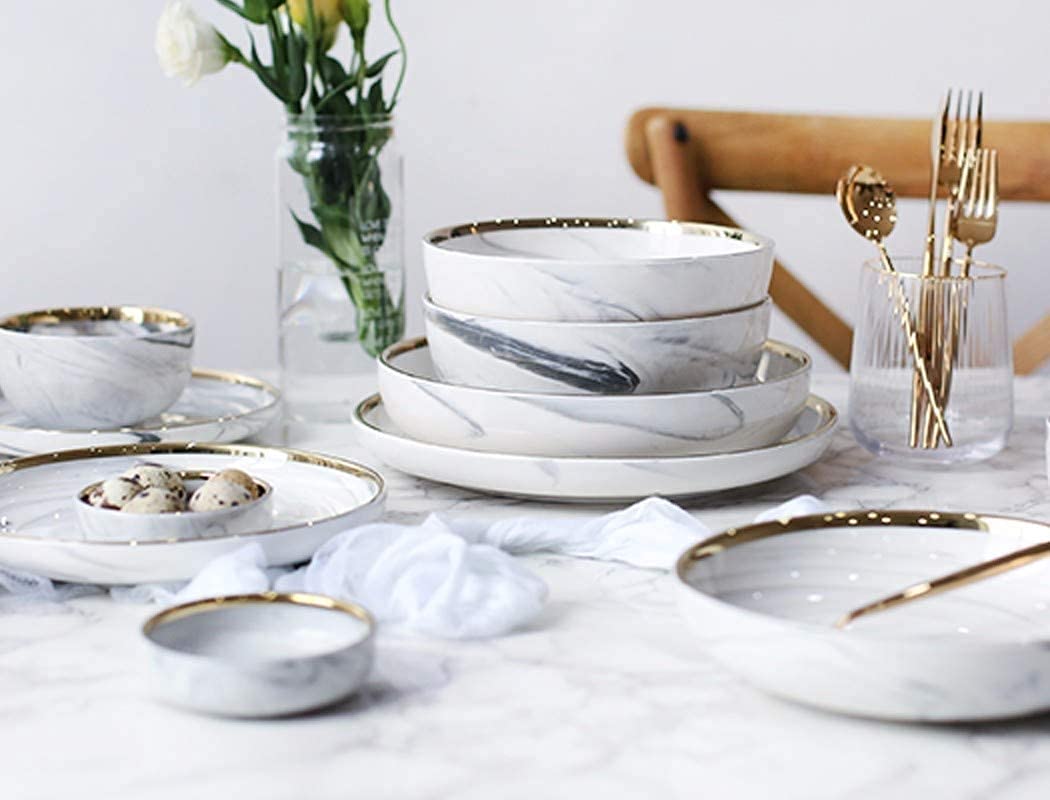 7 pièces marbre Blanc Vaisselle en céramique Salade de Riz Nouilles Bol Assiette à Soupe Ensembles de Vaisselle Vaisselle Cuisine Outil de Cuisson
