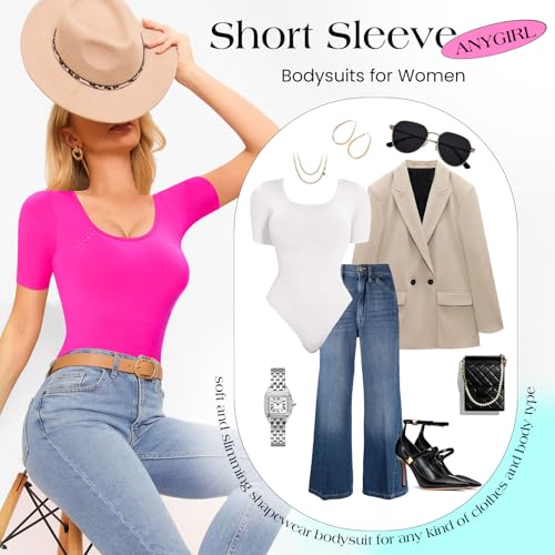 Image of Anygirl Short Sleeve Shapewear Bodysuit for Women Tummy Control Round Neck Body Shaper Seamless Thong Bodysuits T-Shirt Tops