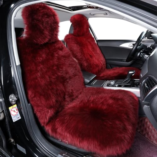 Image of AOGELAN Fluffy Sheepskin Car Seat Cover Long Wool Front Seat Cover Dark Red