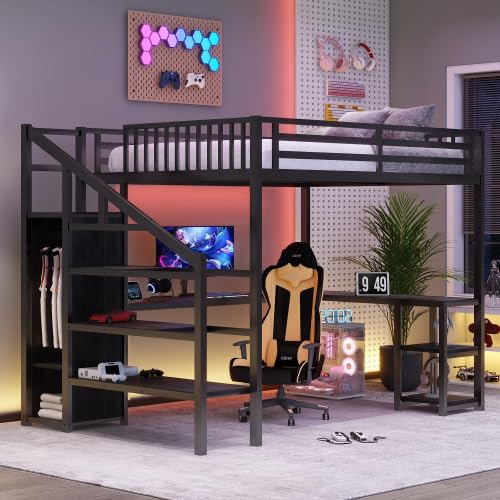 Queen Size Loft Bed with Desk and Stairs, Heavy-Duty Steel Loft Bed Frame with Wardrobe & LED Light, Metal Beds Frame with L Shaped Desk and USB for Kids Teens Adults, Black