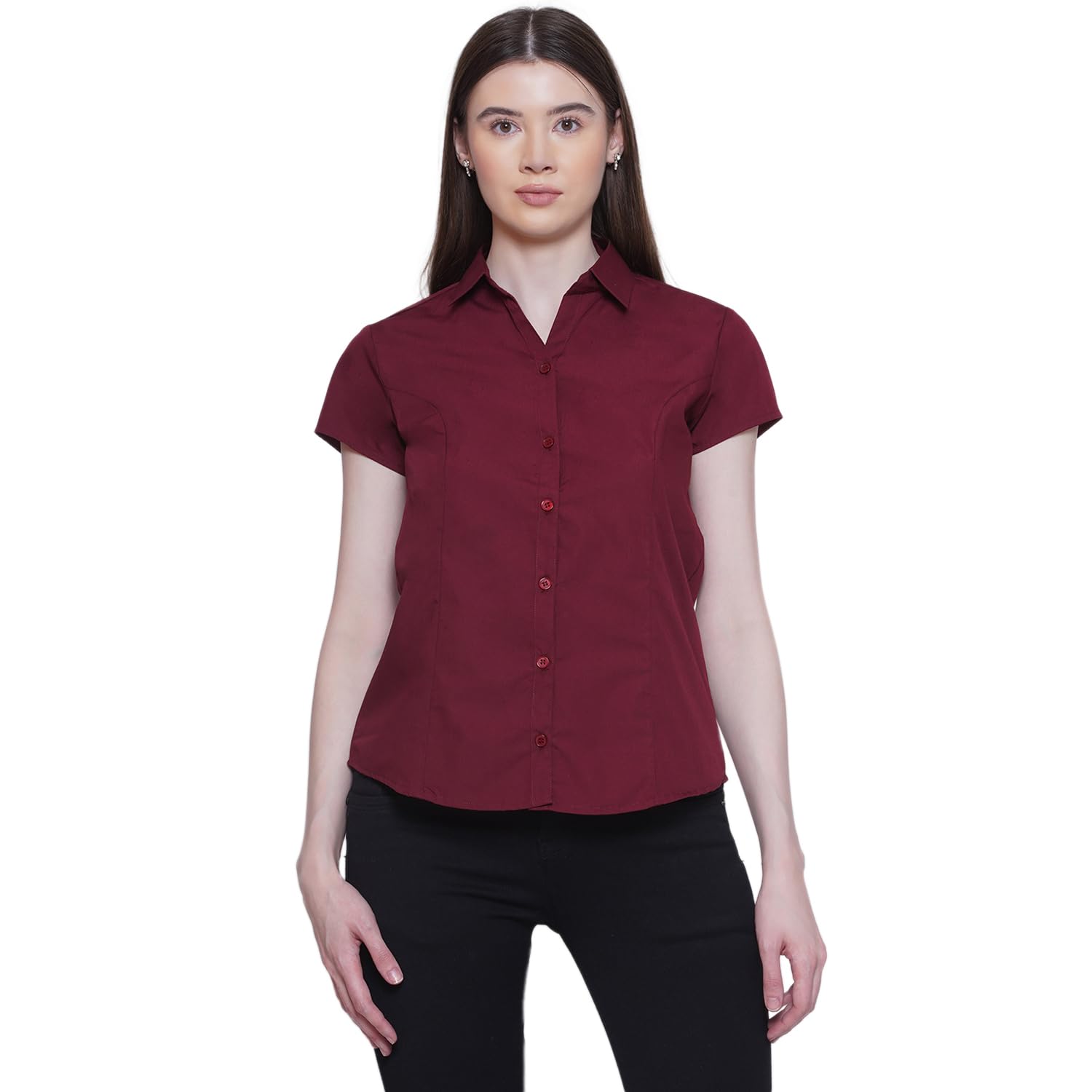 Women’s Polycotton Half Sleeves Formal Shirt | Solid Short Sleeve Office Wear Shirt for Women | Button-Down Workwear & Corporate Top for Ladies-picture-33