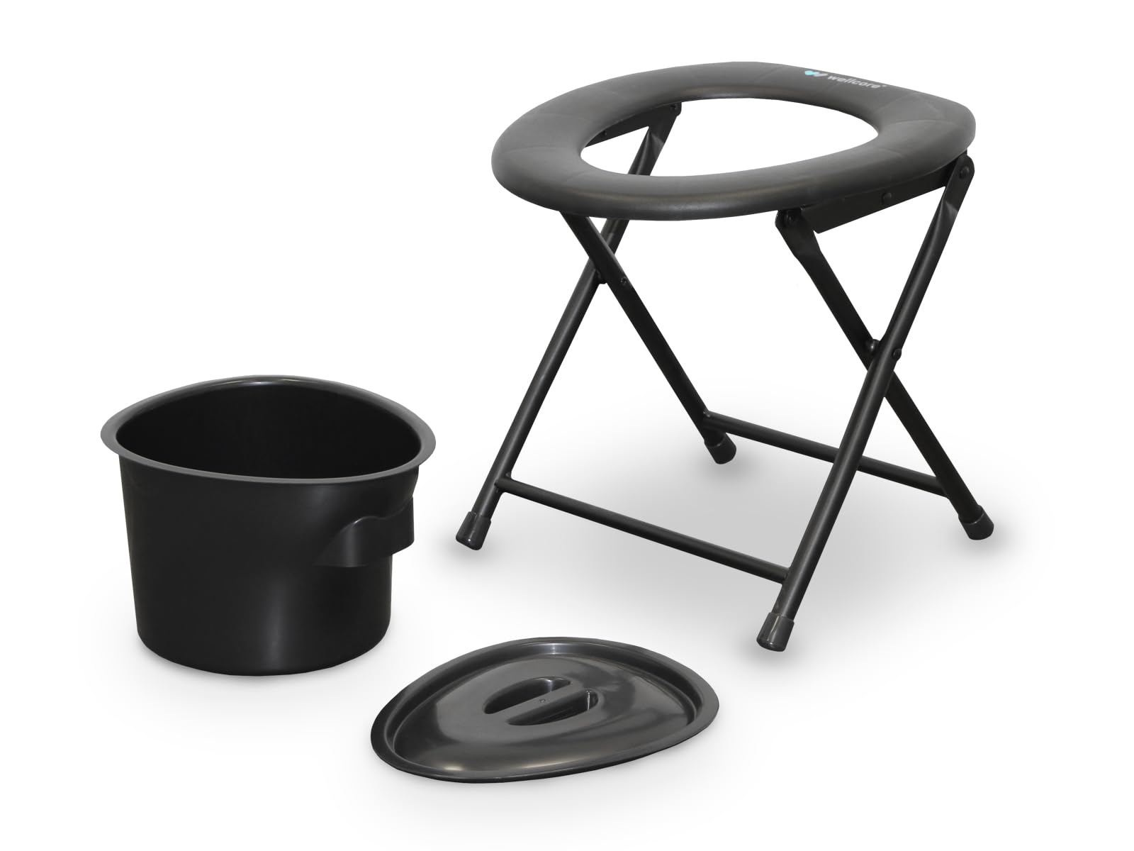 WELLCORE Toilettenstuhl mit Toilette, klappbar, transportabel, kompakt, Aluminiumrahmen, abnehmbare Toilette, leicht zu reinigen, schwarz, bis 100 kg, bis 100 kg