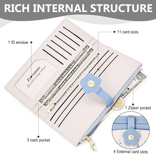 Image of Farcauo Long Floral Womens Wallet Cute Wallets for Women Blue Women's Wallet Kawaii Flower Card Wallets for Women Ladies