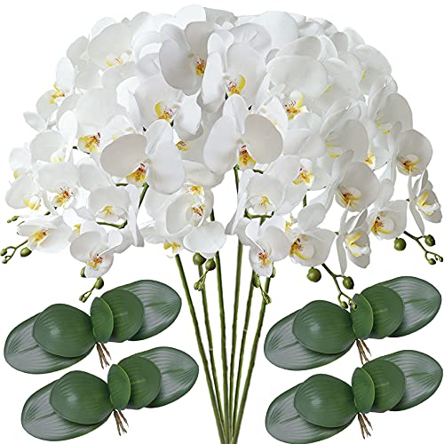 FagusHome 6 Piezas 80cm Flores Artificiales Orquídea Phalaenopsis Mariposa con 4 Piezas Hojas de Orquídea Artificiales Flores de Orquídea Flores de Phalaenopsis para Decoración (6+4Piezas)
