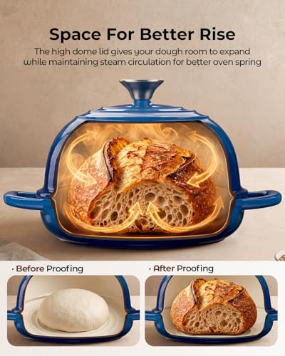 Image of 5QT Enameled Cast Iron Sourdough Bread Oven for Homemade, Blue | Tight-fitting Dome Lid, Shallow Base Supports Easier Loading & Crisp Sourdough Crusts, Gifts for Sourdough Bakers