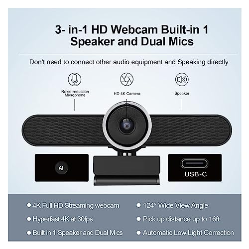 Webcam 4K AI conférence web grand angle 124 degrés et micro haut-parleur USB-C