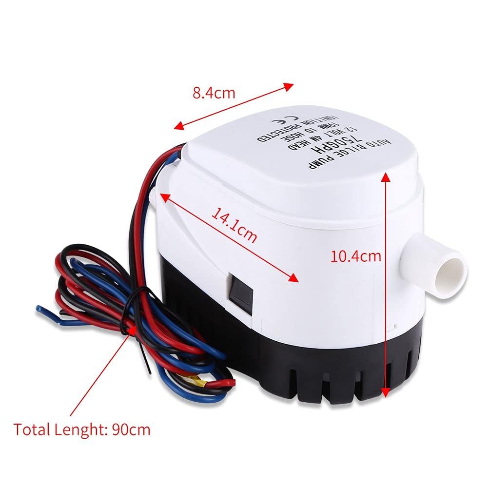 Pompa di sentina sommergibile automatica per navi barca, pompa di sentina automatica per barche 12 V 750 Gph efficace con cavo di uscita 90 cm 19 mm e interruttore galleggiante