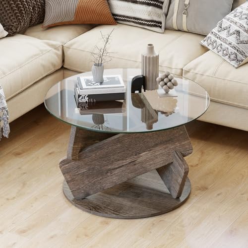 GIANTEX Table Basse en Verre, Table de Salon Ronde avec Plateau en Verre Trempé, Pieds en Bois Massif, Style Rustique, pour Salon, Chambre, Bureau, Petit...