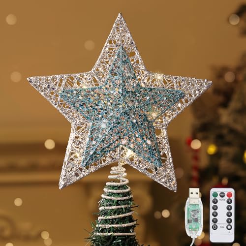 Lewondr Christmas Star Tree Topper, Metal Frame Tree Topper Star with 15 Warm Light Beads, USB Powered & Remote Control Tree Topper with Lights 6H Timer, Xmas Tree Decor for Holiday Home Decoration Lewondr Christmas Star Tree Topper, Metal Frame Tree Topper Star with 15 Warm Light Beads, USB Powered & Remote Control Tree Topper with Lights 6H Timer, Xmas Tree Decor for Holiday Home Decoration