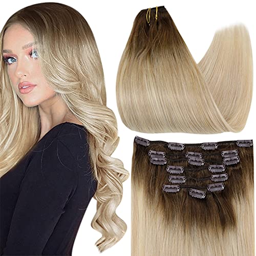 Full Shine Clip in Human Hair Extensions 14 inch Remy Hair Clip in Extensions 7pcs 100g Double Weft Balayage Darker Brown 3 with 24 Light Blonde and 27 Honey Blonde