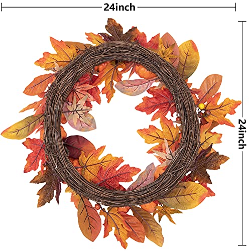 Jelofly 24 Inch Fall Door Wreath Fall Maple Leaf Berry Pumpkin Wreath Autumn Harvest Wreath For Front Door Thanksgiving Halloween Fall Decorations Home Decor #TOP6