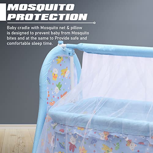 Image of Funbaby New Born Baby Swing Cradle Crib Jhula with Mattress Pillow Adjustable Height and Mosquito Net Bassinet & Wheels (Elephant Blue)