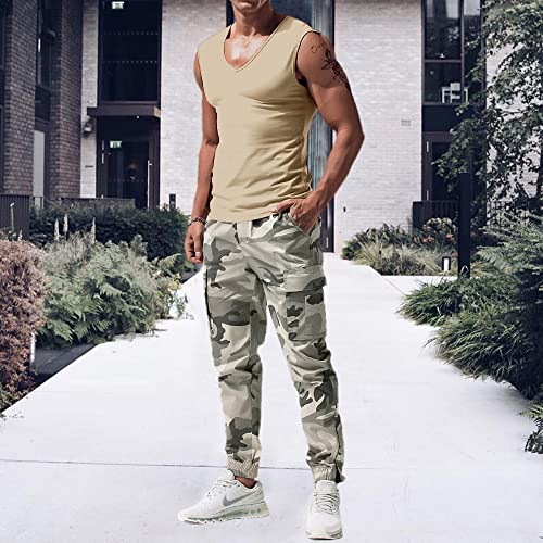 Ziwoch Men's V Neck Athletic Solid Sleeveless T-Shirt Khaki #TOP2