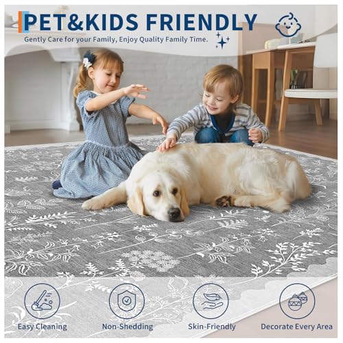 GarveeHome Washable 10x13 Area Rugs for Living Room, Modern Floral Rugs for Bedroom Non Slip, Soft Neutral Indoor Floor Carpet for Dining Room Home Office Kids Playroom Foyer Farmhouse,Grey