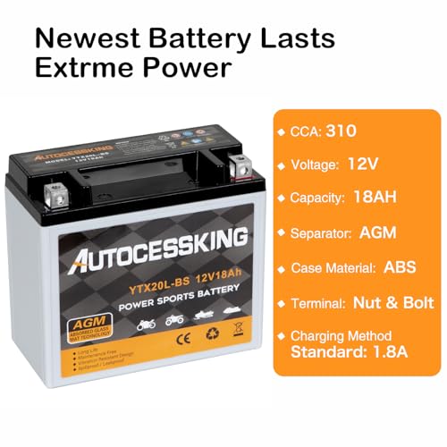 Image of Autocessking YTX20L-BS 12V 18AH Motorcycle Battery, Rechargeable Sealed AGM Battery Maintenance Free Powersport Replacement Battery for ATV and Scooter