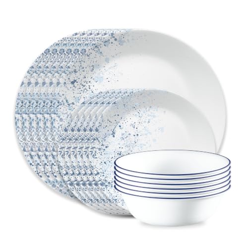 Image of Corelle Vitrelle 18-Piece Service for 6 Dinnerware Set Triple Layer Glass and Chip Resistant, Lightweight Round Plates and Bowls Set, Indigo Speckle
