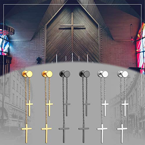 Cupimatch 3 Pairs Stud Earrings with Cross Dangle for Men Women Stainless Steel Double Cross Tassel Ear Pierced Earrings Set3