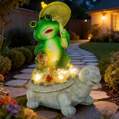 Solar Garden Statue Outdoor Decor Turtle & Frog with LED