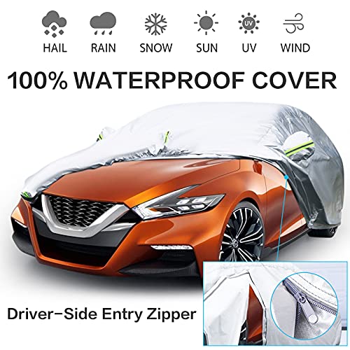OWEEIO 6 Layers Waterproof Car Cover Fit 194   to 208  , All Weather Full Car Cover with Zipper Reflective Strips, Snow-Proof UV Protection Windproof Outdoor Full Car Cover, Universal for Sedan