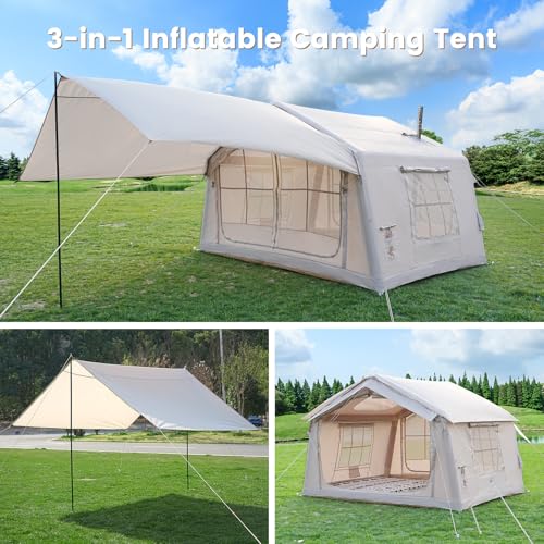 Image of Inflatable Tent, Easy Setup 4 /6 /8 /10 /12 Person Blow Up Tent with Hand Pump | Spacious 2-room glamping tent with quick inflatable setup and waterproof fabric for 4-season family camping adventures