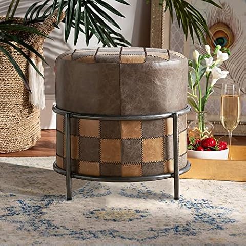 Way2Furn Genuine Leather Ottoman, Modern Ottoma/Round Footrest Stool/Modern Sofa Stool for Living Room, Bedroom (Brown-Khaki) Cover