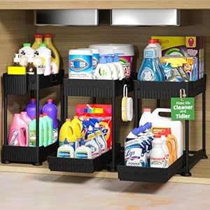 3 Pack Under Sink Organizers, 2-Tier Multi-Use Kitchen and Bathroom Organizers and Storage with Sliding Drawers，Bathroom Cabinet Organizer (Black, 12.8 Inch)