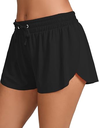 Womens Drawstring Swim Shorts High Waisted Board Shorts Black Bathing Suit Bottoms Workout Shorts Swimsuit
