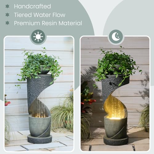 Image of Tiered Outdoor Water Fountain, Modern Spiral Cascading Waterfall Fountain with Planter, Freestanding Resin Indoor Water Feature for Room, Garden, Patio, Deck, 31.5 inchH with Light Stone-Texture