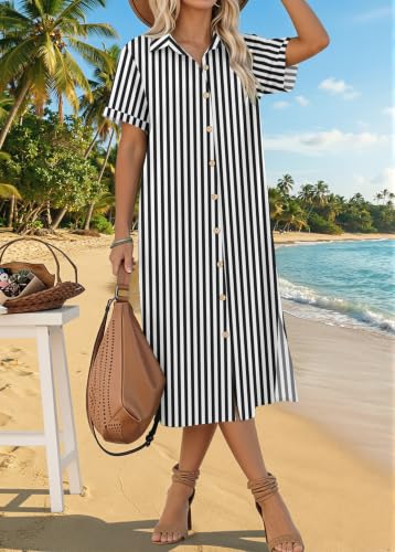 Image of Zeagoo Women Dresses Summer Casual Short Sleeve Button Down Shirt Dresses 2026 Beach Cover Up with Pockets