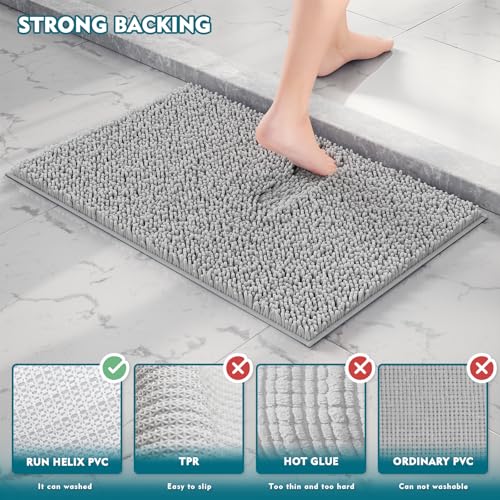 RUN HELIX Bathroom Rugs Set 3 Pieces Extra Soft and Absorbent Shaggy Non-Slip Bath Rugs, Chenille Bathroom Mats, Bathrooms Set with Toilet Rugs, Perfect Bath Mats for Bath Tub, Shower, Light Grey