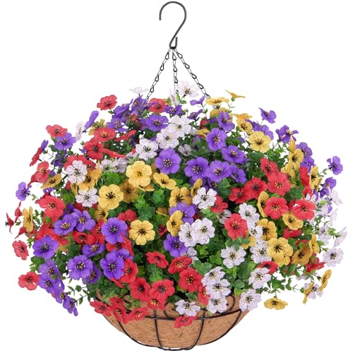 Image of Artificial Hanging Silk Flowers for Outdoors with Basket, Mix | Fake hanging plants with basket, silk daisy flowers, UV resistan, for porch balcony patio home spring summer decoration
