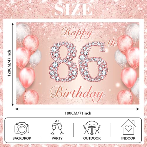 Image of Happy 86th Birthday Rose Gold Banner Cheers to 86 Years Old Backdrop Confetti Balloons Theme Decor for Women 86 Years Old Pink Birthday Party Decorations Bday Supplies Background Favors Gift Glitter