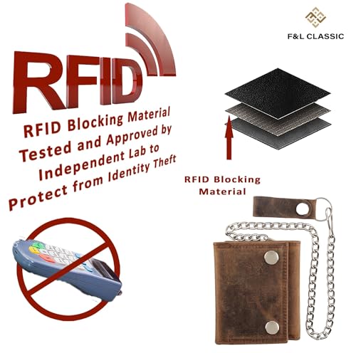Image of F&L CLASSIC RFID Blocking Men's Tri-fold Vintage Biker Cowhide Leather Steel Chain Wallet,Snap closure, USA,Vintage buffalo brown,315