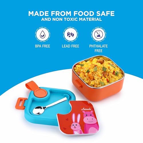 Image of Homeor Stainless Steel Box with Spoon, Tiffin Box for Kids, Airtight BPA Free & Leakproof Lunch Box, Steel Box for School Girls and Boys, Snacks Tiffin for Kids, 500 ML, Orange & Pink
