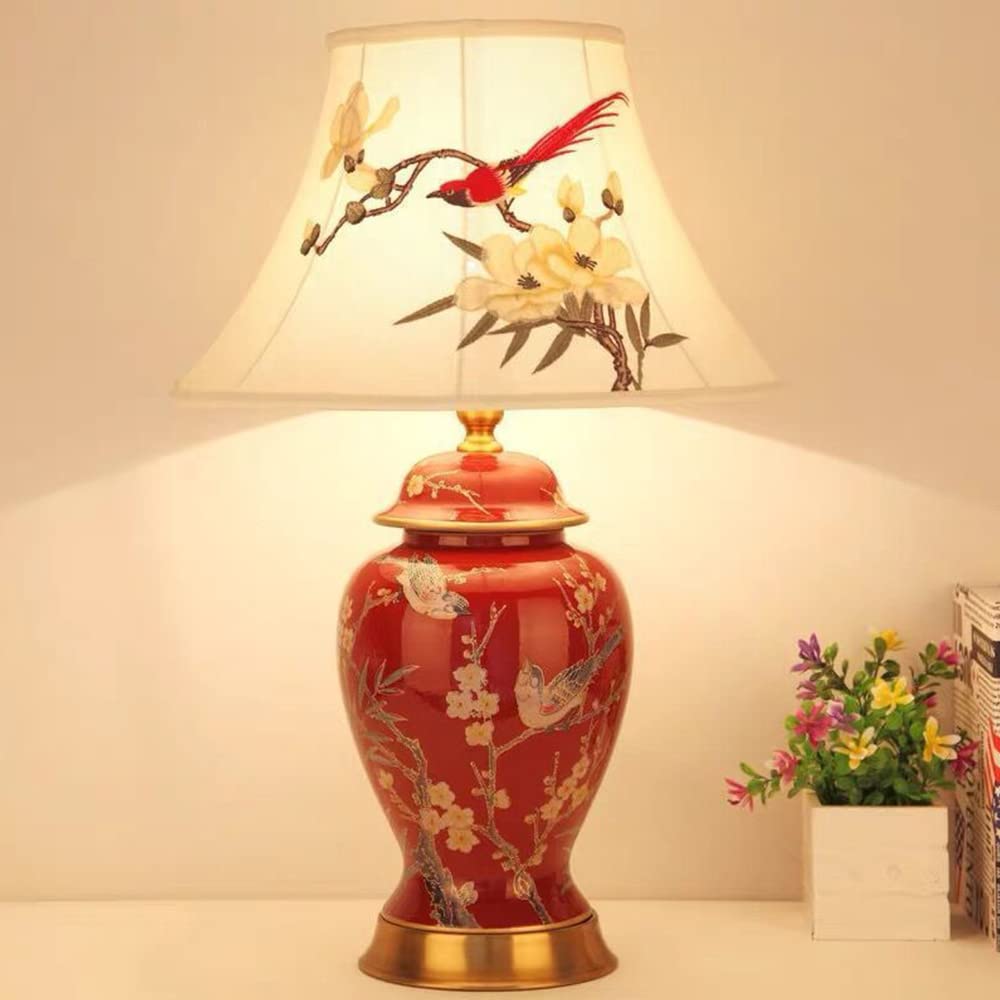 Tisch- oder Nachttischlampen - Tischleuchte mit Stoffschirm - Keramik Tischleuchte - D30 x H54 - E27 Lampe - ohne Leuchtmittel (Rot)