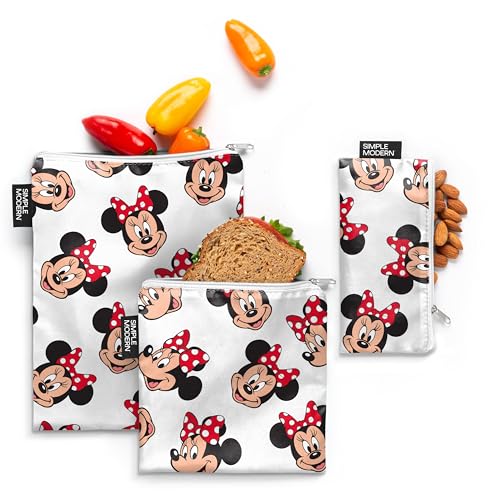 Image of Simple Modern Disney Reusable Snack Bags for Kids, Girls, Boys | Food Safe, BPA & Phthalate Free Polyester Zip Pouch | Washable & Refillable Sandwich Bag | Ellie Collection | 3 pack | Minnie Mouse Fun