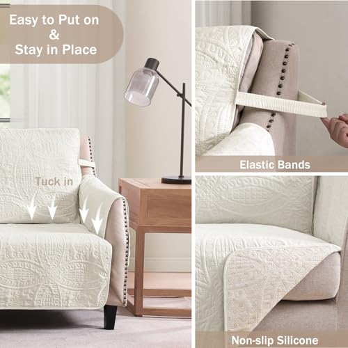 Image of Quilted Grand Sofa Covers for 4 Cushion Couch, Couch Cover for Grand Sofa Washable, Soft Cozy Couch Protector, Oversized Grand Sofa Slipcovers Water-Repellent (Grand Sofa 98 inch, Ivory White)