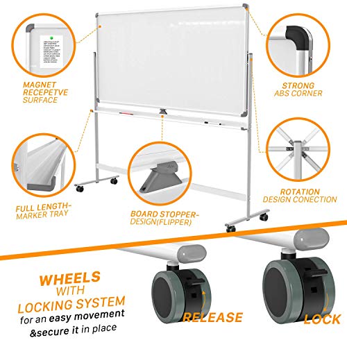 Tankee Dry Erase Whiteboard Easel On Wheels - 48'' X 32'' Large Double Sided Mobile Whiteboard, Reversible Magnetic Rolling White Board For Home Office Classroom, Flip Chart Holders And Paper Pad #TOP2