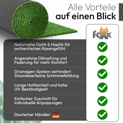 Foxx Kunstrasen 100x500 – Wetterfester Outdoor Teppich in Grün für Balkon, Terrasse & Garten | Robuster Teppichboden als Rasen-Alternative
