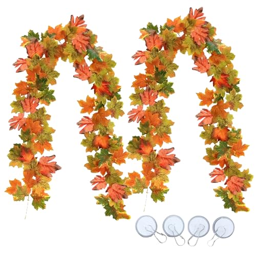 2Pcs 6Ft Artificial Autumn Fall Maple Leaf Garland Artificial Autumn Maple Leaves Decor with Hooks Hanging Maple Vines Fall Leaves for Thanksgiving Decor Home Wedding Fireplace Party