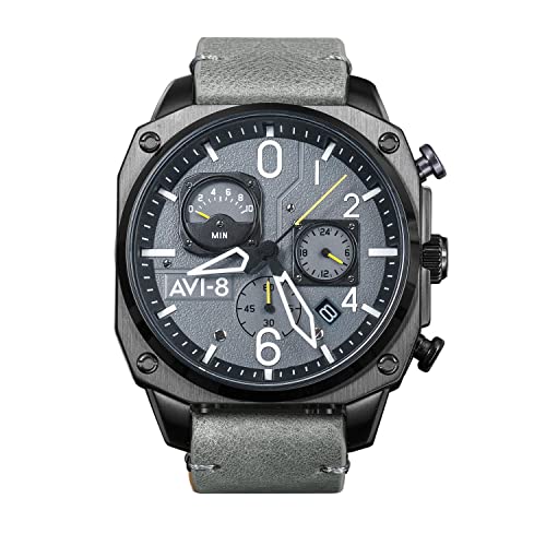 AVI-8 Herren 45mm Hawker Hunter Retrograde Chronograph Sea Gray Japanische Quarz-Fliegeruhr mit Lederarmband AV-4052-03