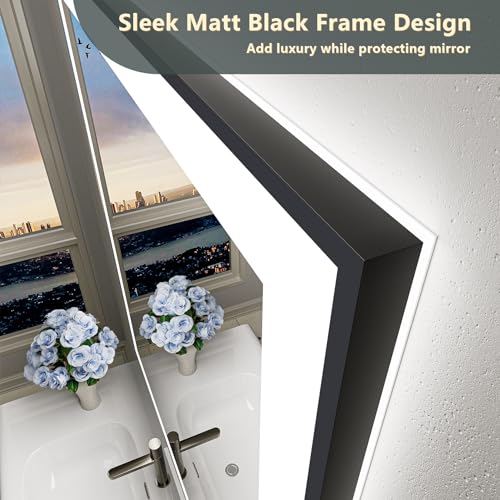 Image of 32x36 Black LED Bathroom Mirror Backlit & Front Lit Lighted Mirror | Anti-Fog Vanity Mirror with Lights, 3 Color Dimmable, Memory, Shatter-Proof, Tempered Glass, CRI95, UL Listed, Wall Mounted