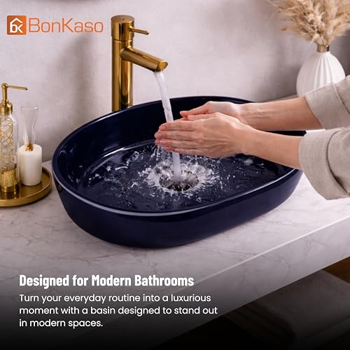 Image of BONKASO Capsule Table Top Wash Basin for Bathroom | Premium Fully Glazed Ceramic Vessel Sink | 55D x 40W x 13H Big Size | Glossy Black Designer Finish