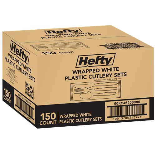 Hefty Wrapped Disposable Plastic Utensils Set 150 Count White Disposable Utensils for Picnics BBQs Camping Parties and More Includes Forks Spoons and Knives