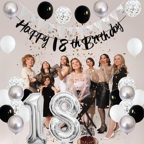 Image of 18th Birthday Decorations for Boys, Black Happy 18th Birthday Banner with Black Silver 18th Balloons 18 Cake Topper Decor Number 18 Balloon for Girls 18 Year Old Party Decoration