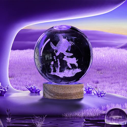 Image of 3D Sea Turtle Crystal Ball Night Light with Woodern Base, 3.15 inch Sea Turtle Glass Ball Lamp 16 Colors with Remote Control Sea Turtle Figurines Cool Desk Decor Sea Turtle Gifts for Kids Friends Birthday