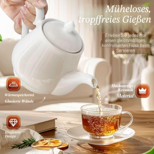 Flexzion Porzellan-Teekanne Mit Deckel - Persönliche Keramik-Kanne für 2-3 Tassen, 680 ml, Reinweiß - Mikrowellen- und Spülmaschinenfest – Ansicht 3